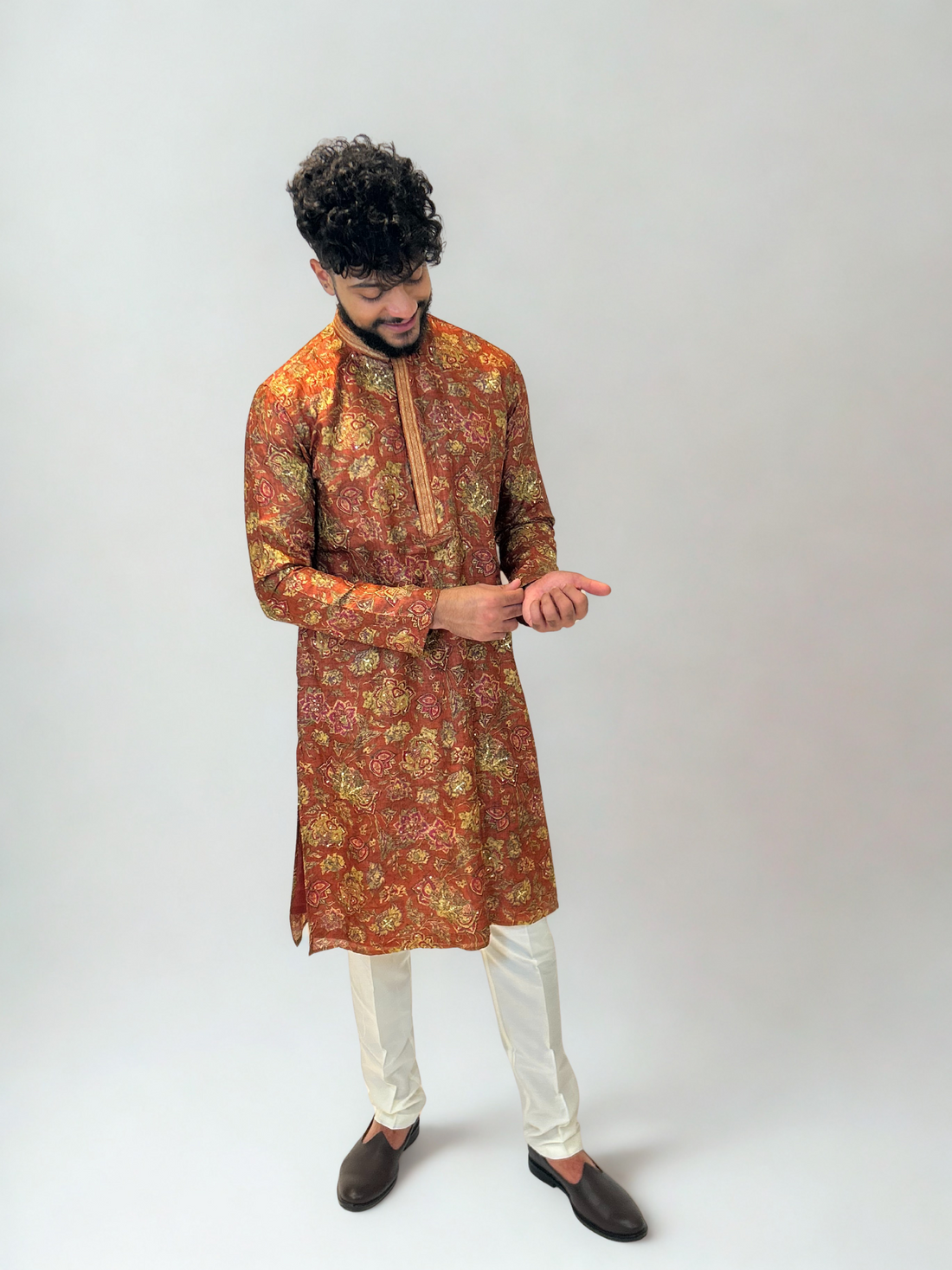Rust Printed Hand Embroidered  Kurta Set