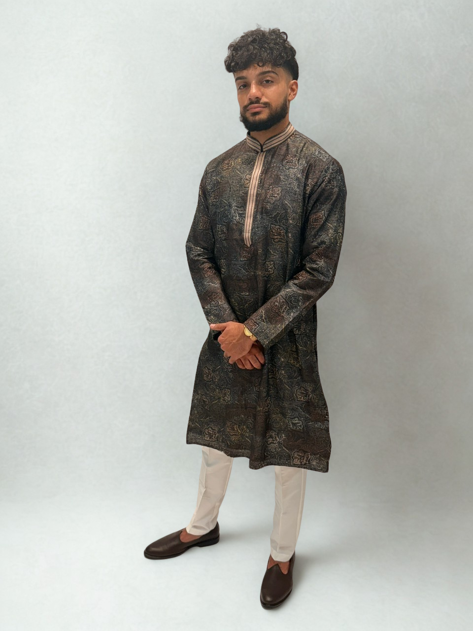 Grey Printed Hand Embroidered  Kurta Set