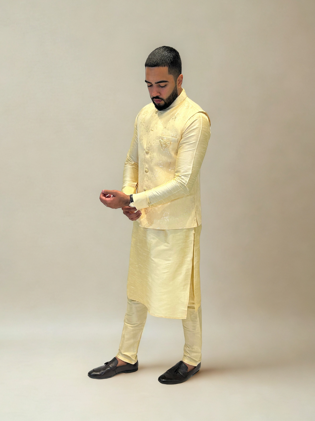 Light Beige Patterned Nehru Jacket