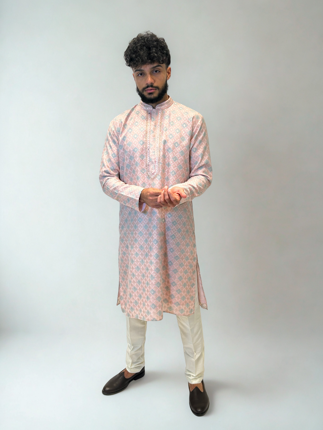 Pink/Grey Brocade Gold Patten Kurta Set