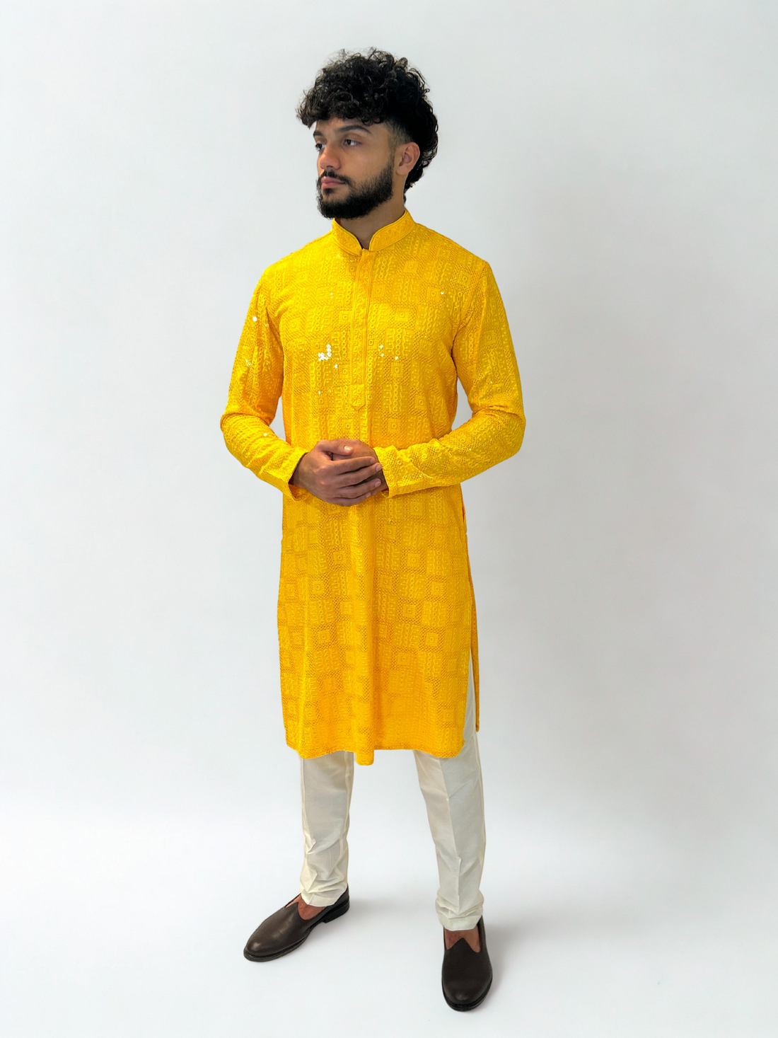 Yellow Chikankari Check Sequnece Kurta Set