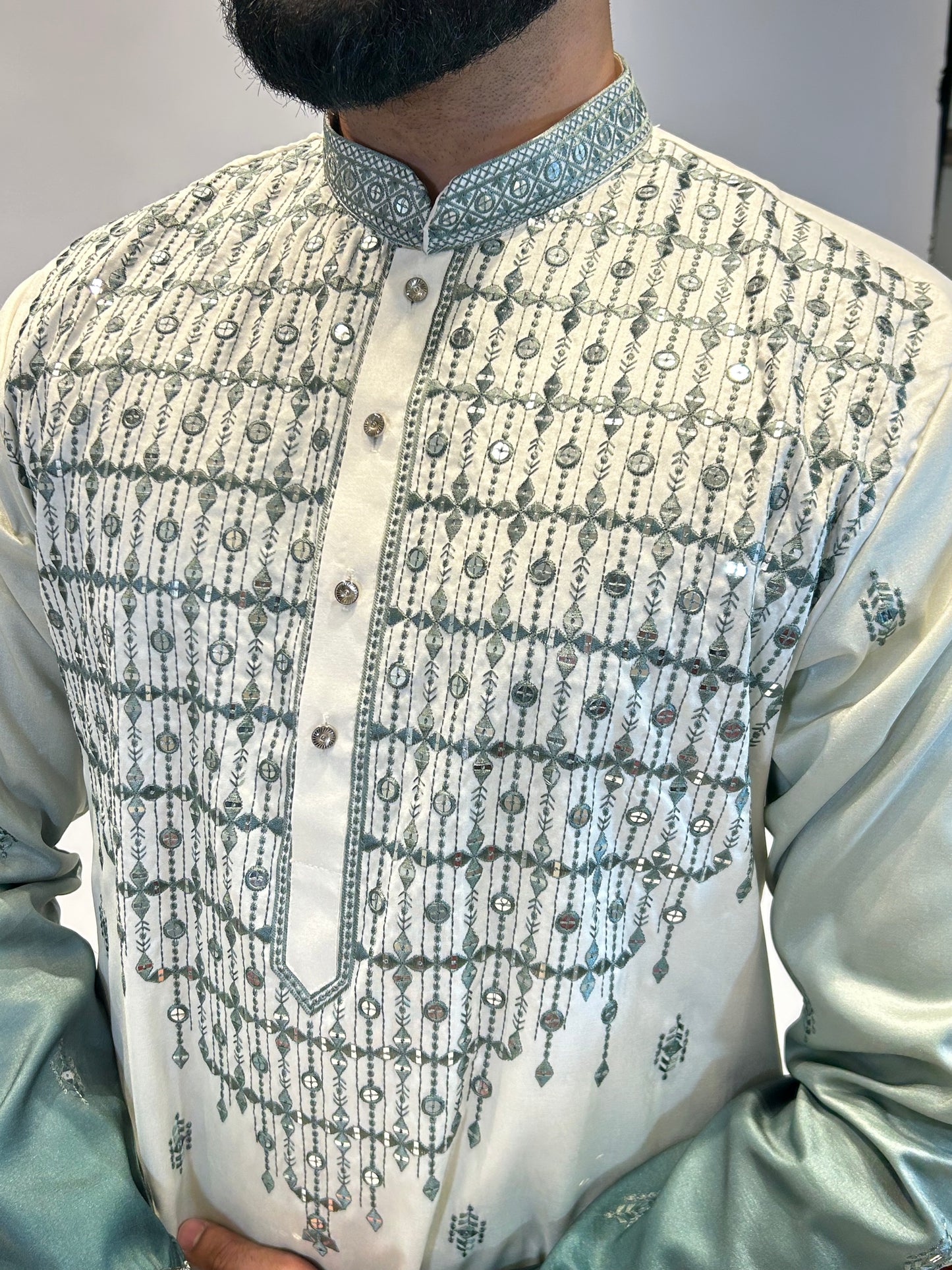 Ivory & Teal Ombre Embroidered Kurta Set