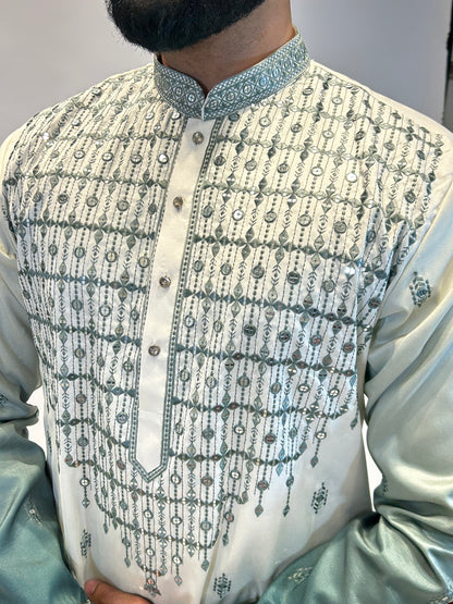 Ivory & Teal Ombre Embroidered Kurta Set