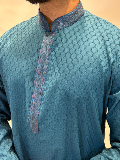 Teal Thread Self-Jaal Patterned Kurta Set