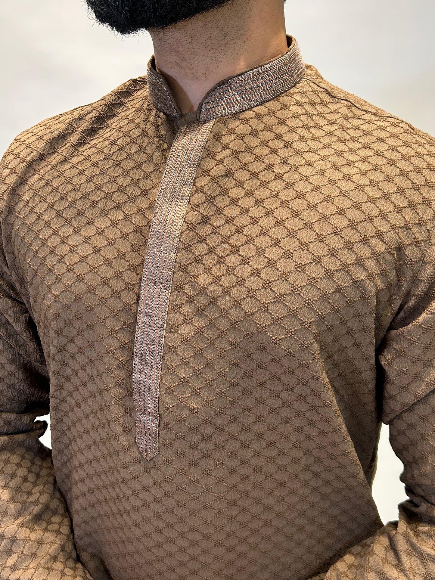 Mocha Brown Self-Jaal Patterned Kurta Set