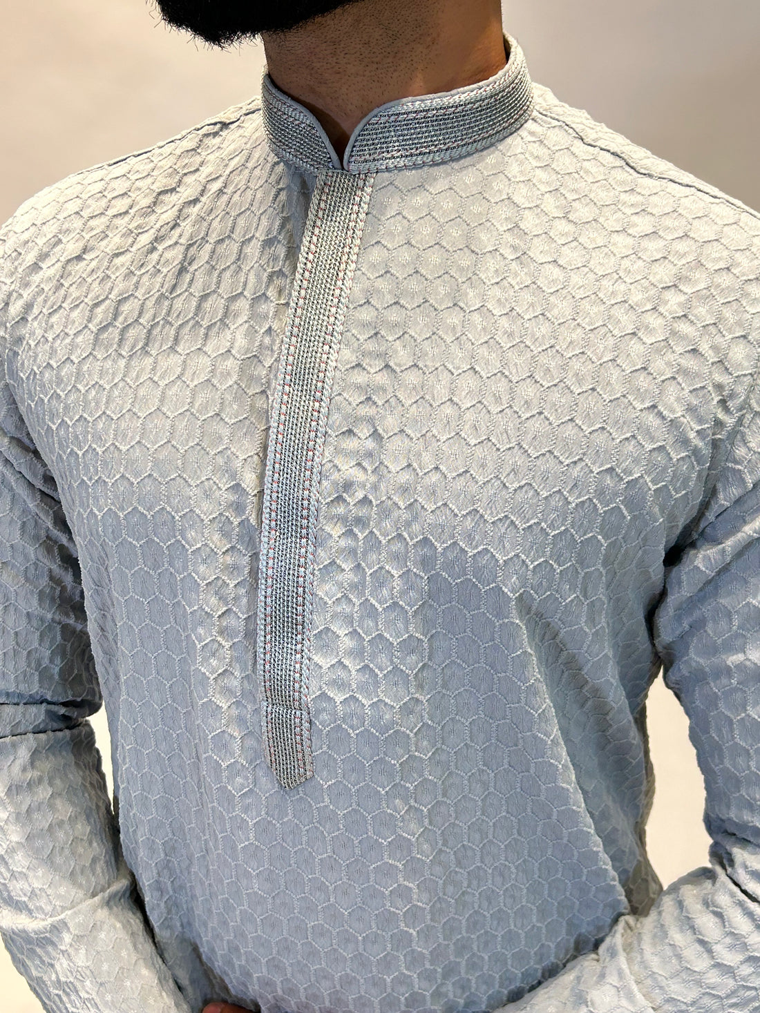 Silver Grey Thread Self-Jaal Patterned Kurta Set