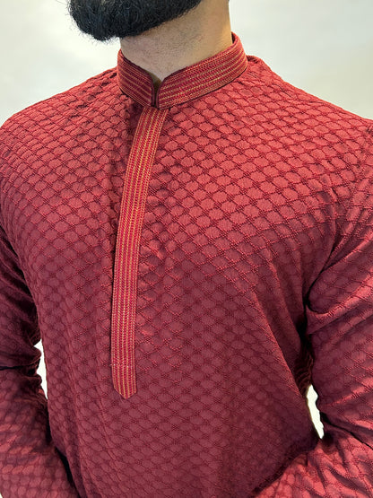 Maroon Self-Jaal Patterned Kurta Set