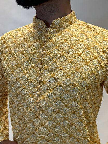 Yellow & Mustard Printed Embroidered Kurta Set