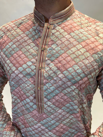Pastel Mosaic Weave Kurta Set