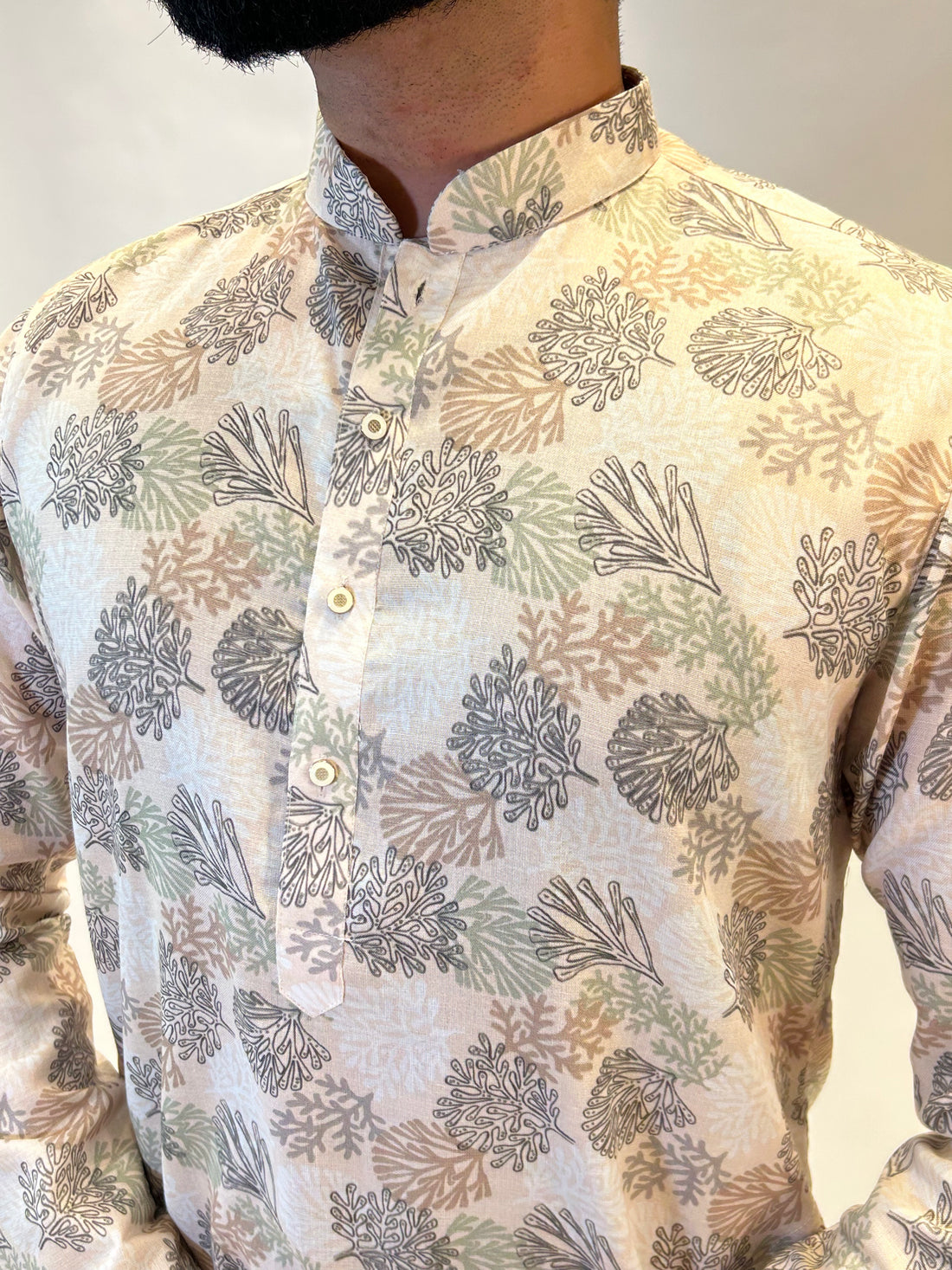 Ivory Pastel Printed Linen Kurta Set