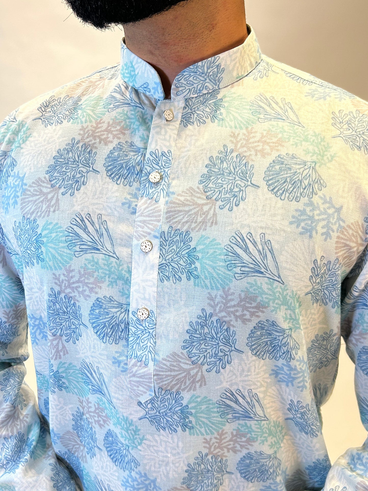Sky Blue Pastel Printed Linen Kurta Set