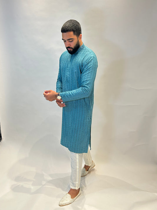Teal Thread and Sequin Kurta Set