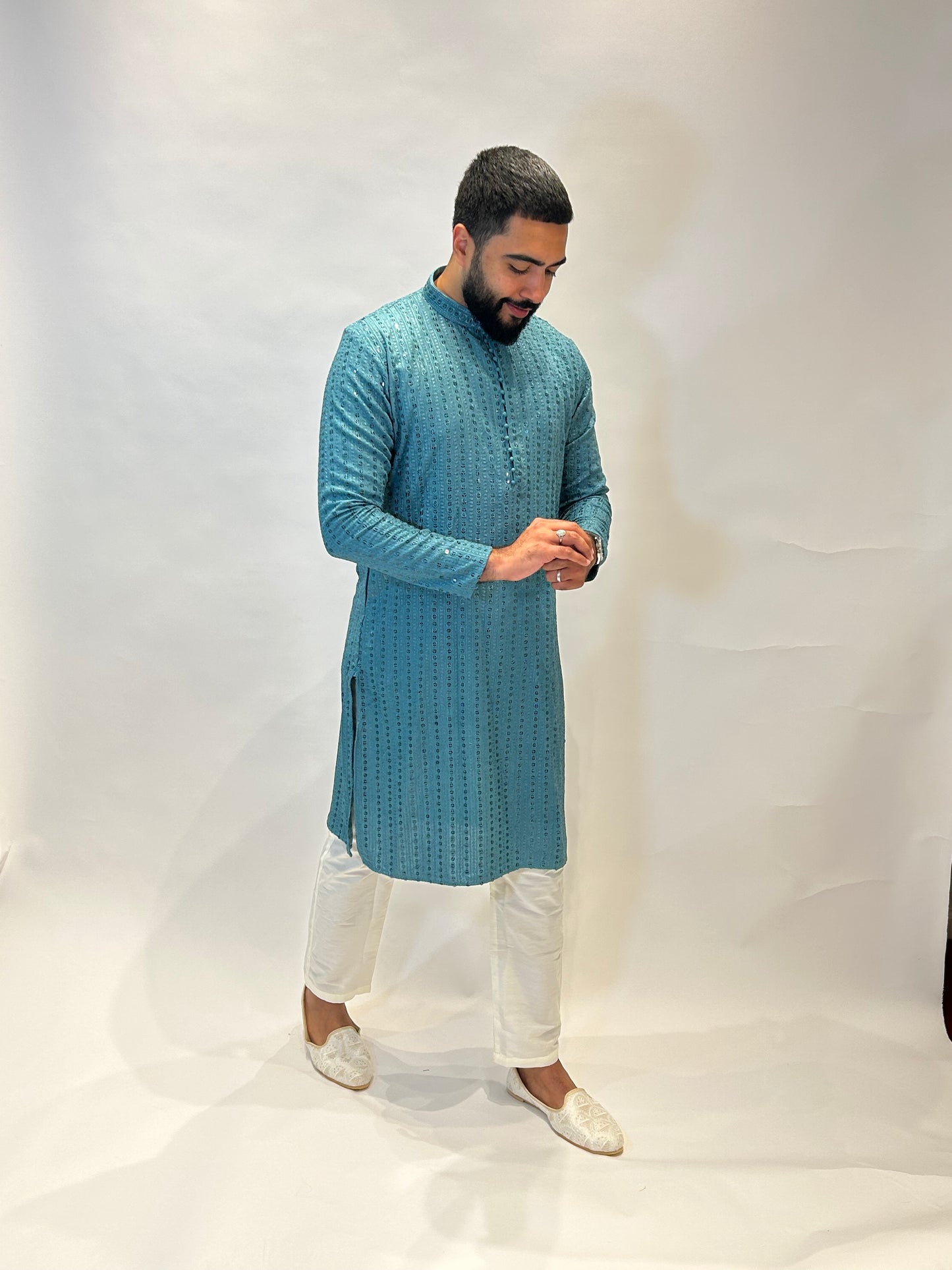 Teal Thread and Sequin Kurta Set