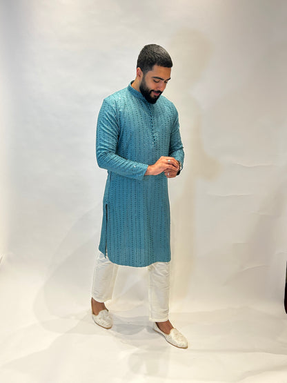 Teal Thread and Sequin Kurta Set