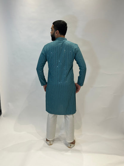 Teal Thread and Sequin Kurta Set