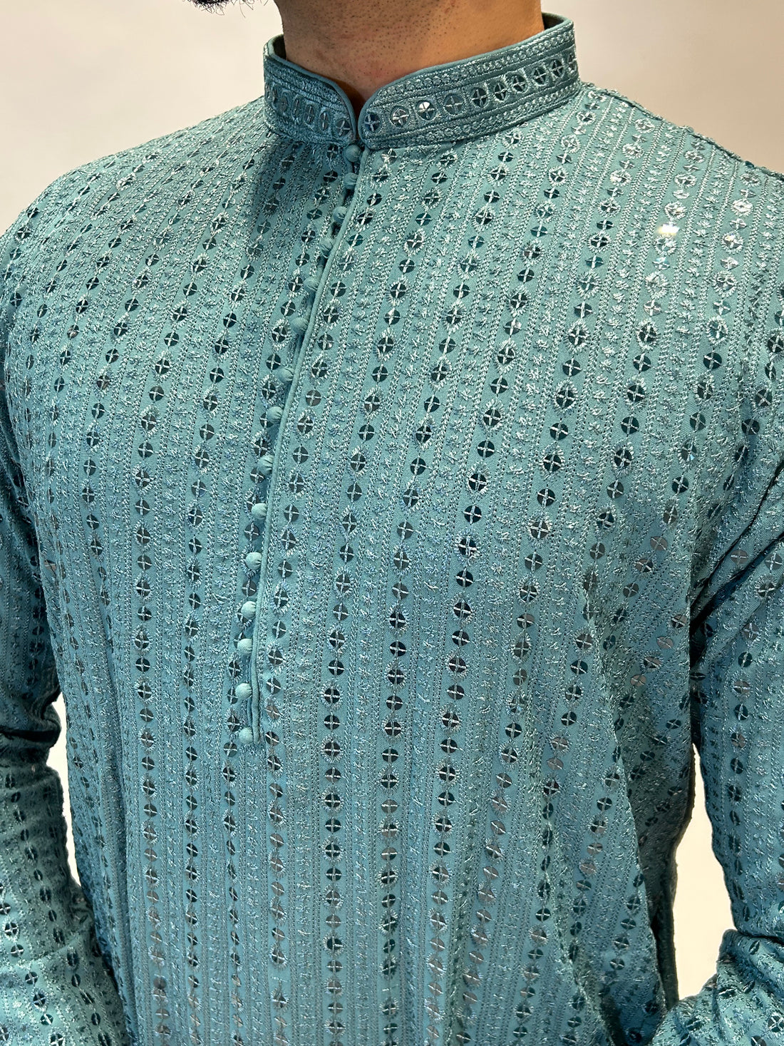Teal Thread and Sequin Kurta Set