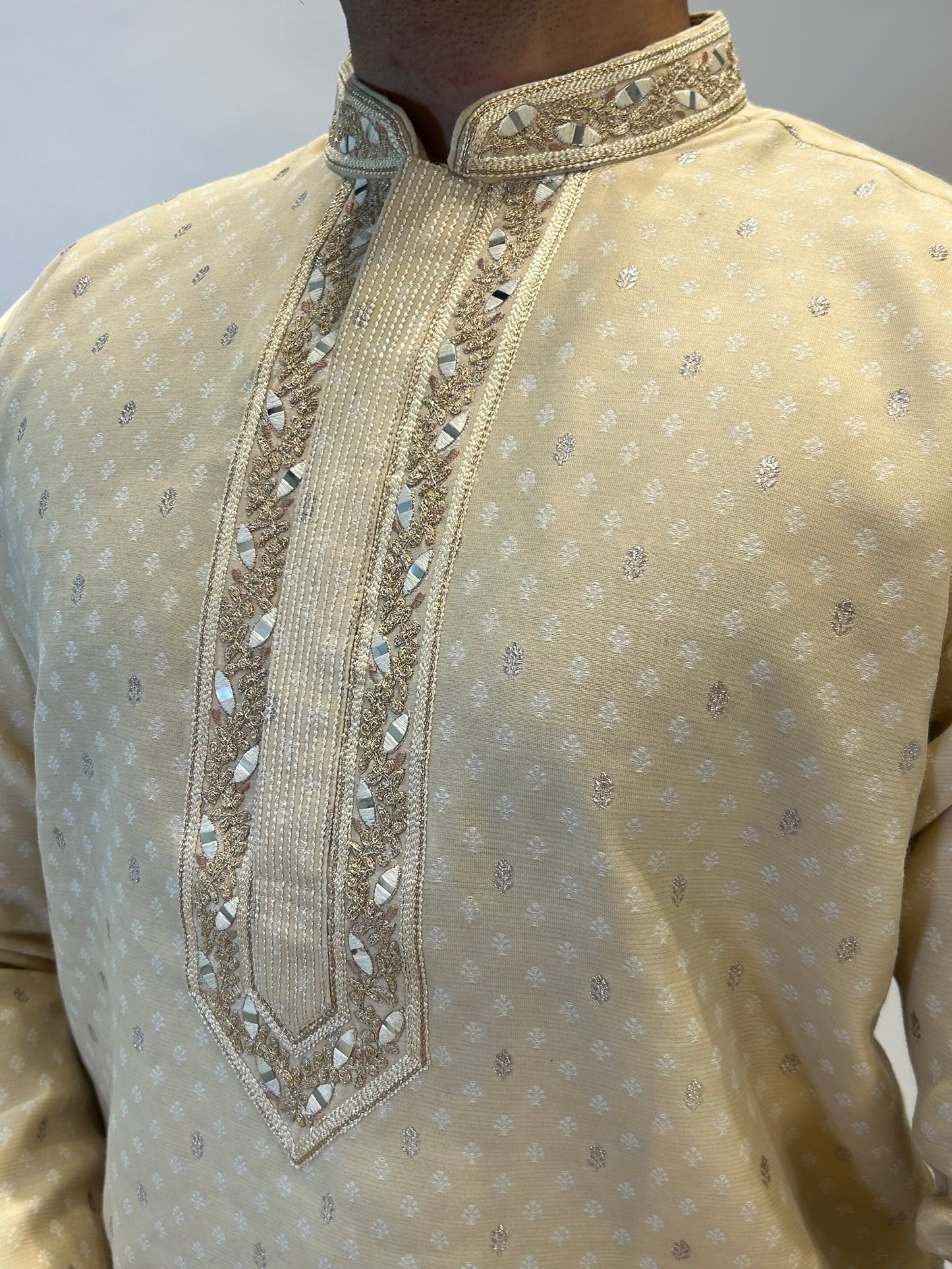 Beige Mirror Embroidered Kurta Pajama Set