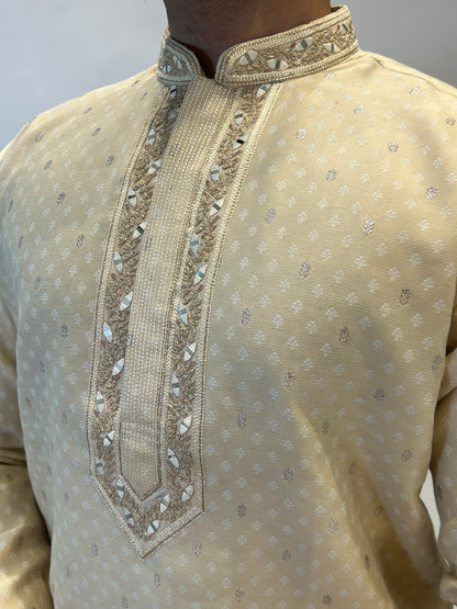 Beige Mirror Embroidered Kurta Pajama Set