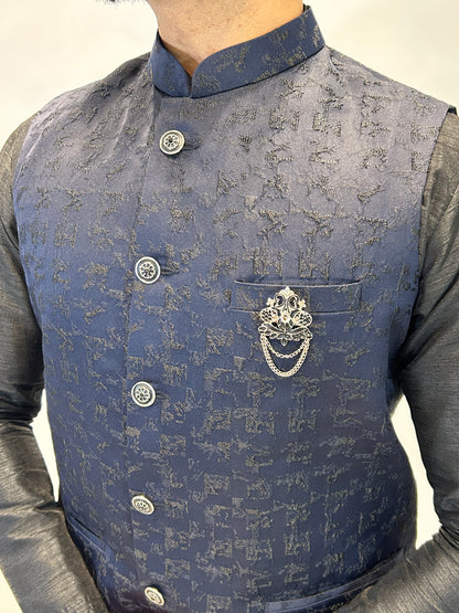 Black & Navy Textured Nehru Jacket