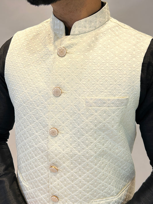 Ivory Patterned Nehru Jacket