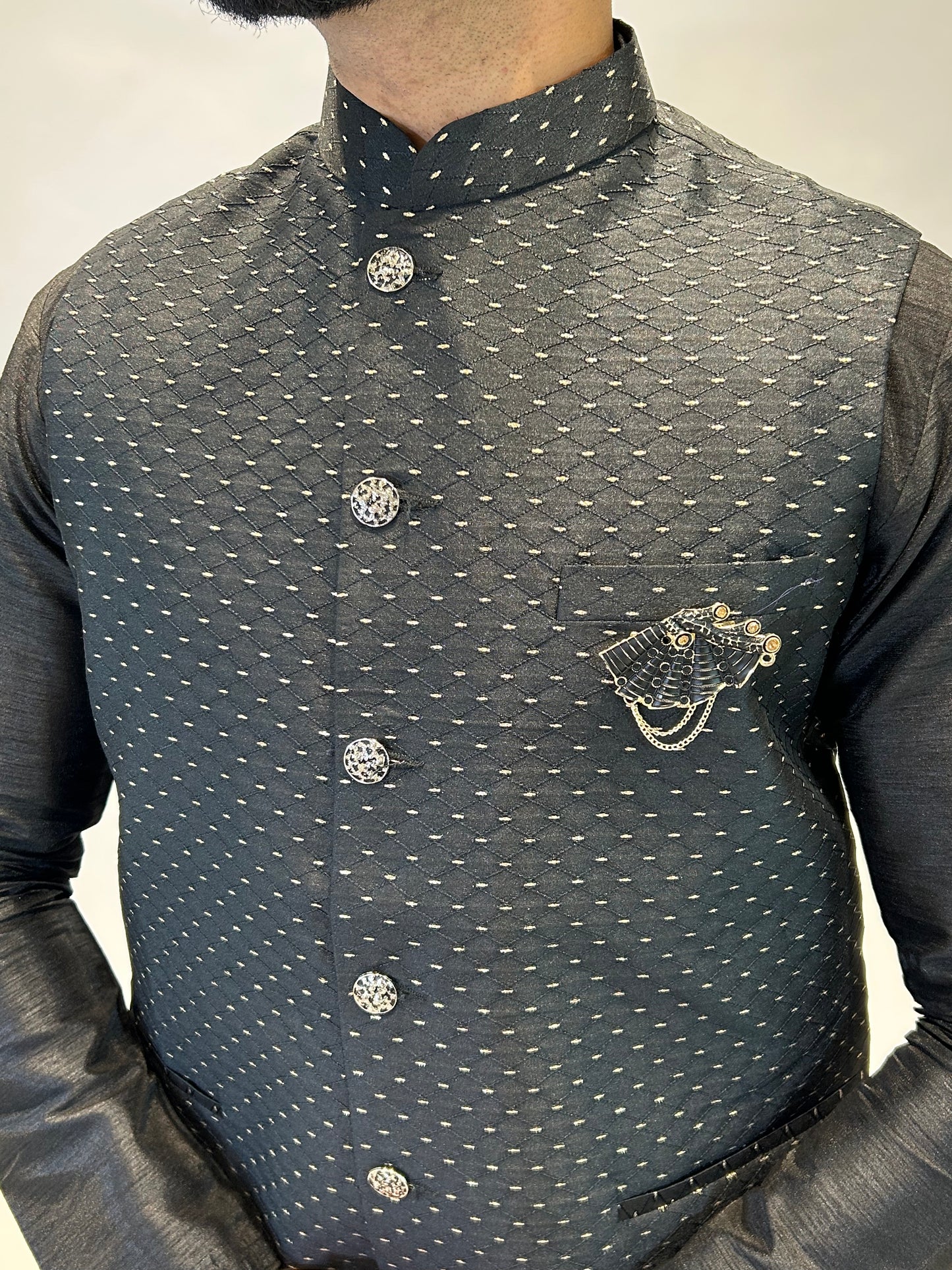 Black Self-Patterned Nehru Jacket