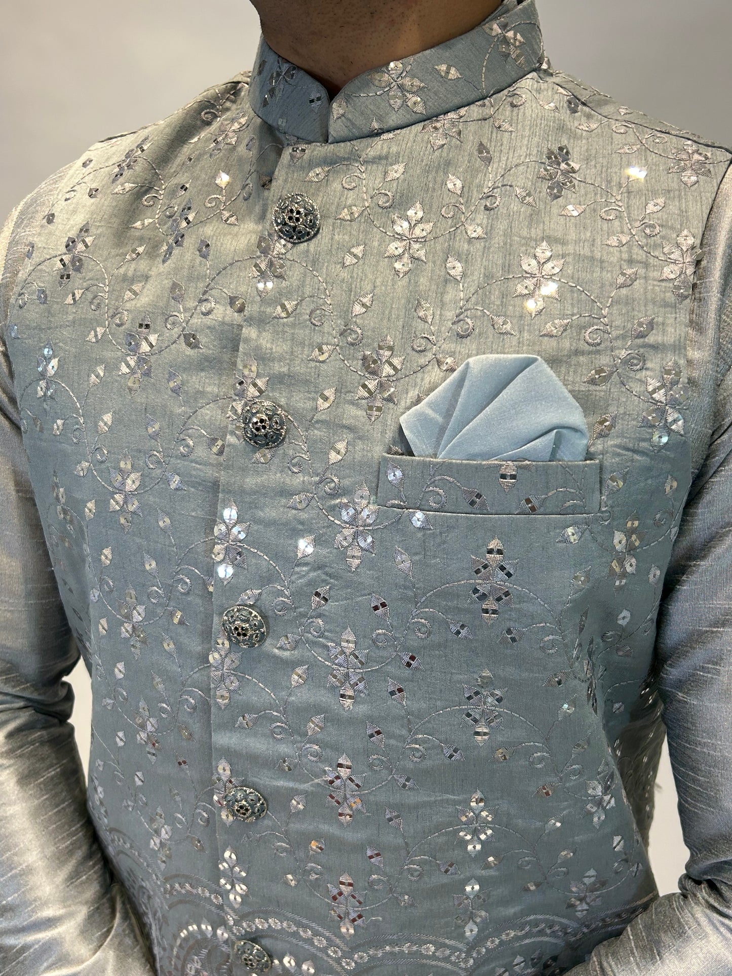 Silver Grey Embroidered Nehru Jacket