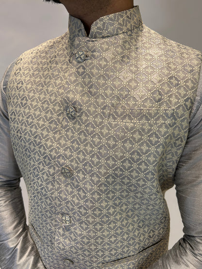 Silver Grey Patterned Nehru Jacket