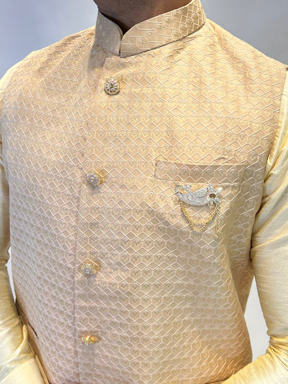 Peachy Gold Self Patterned Nehru Jacket