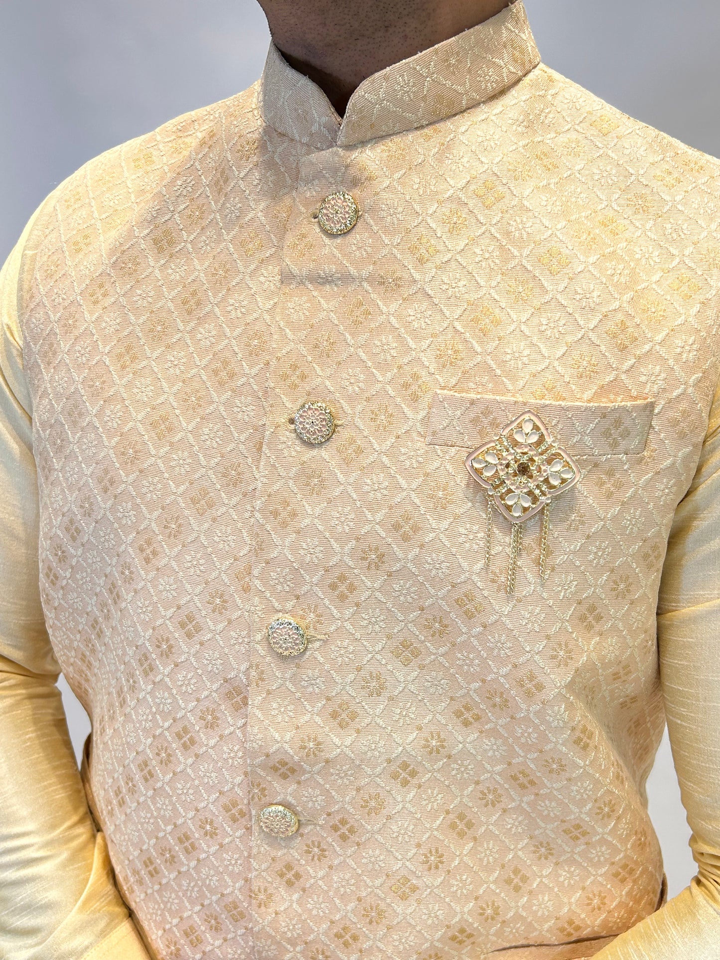 Peach Gold Self-Patterned Nehru Jacket