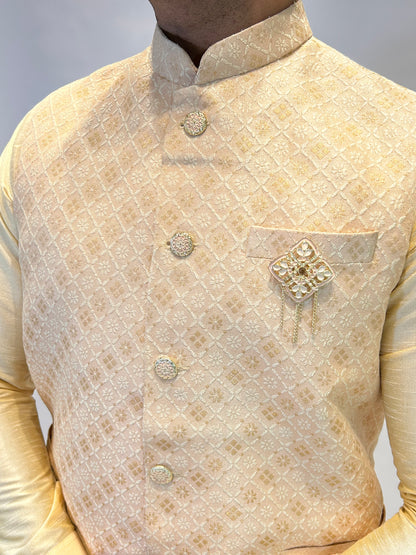Peach Gold Self-Patterned Nehru Jacket
