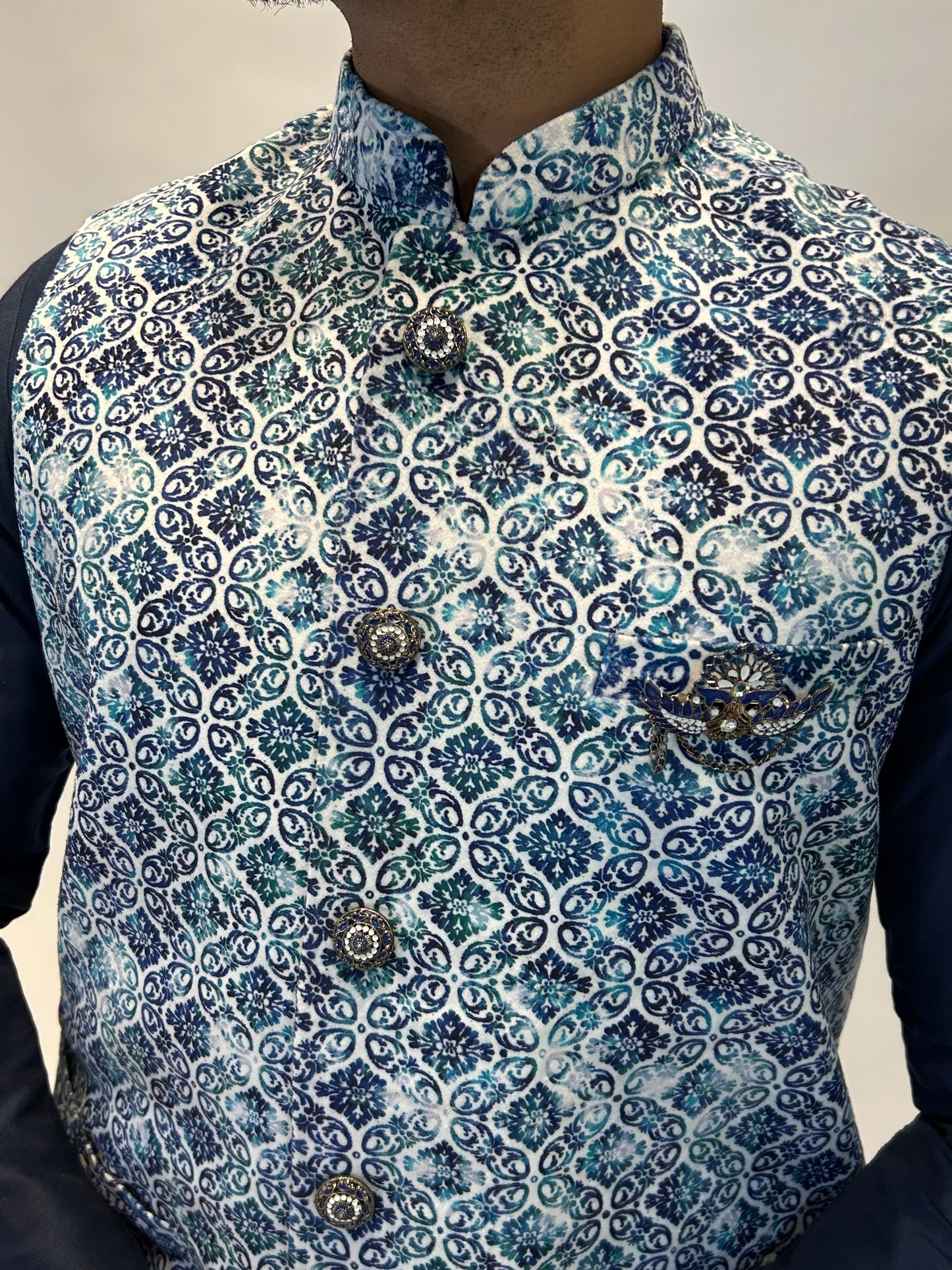 Blue Printed Nehru Jacket