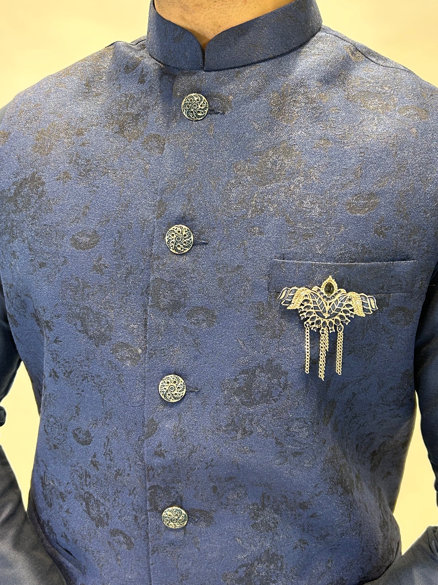 Navy Blue Textured Nehru Jacket