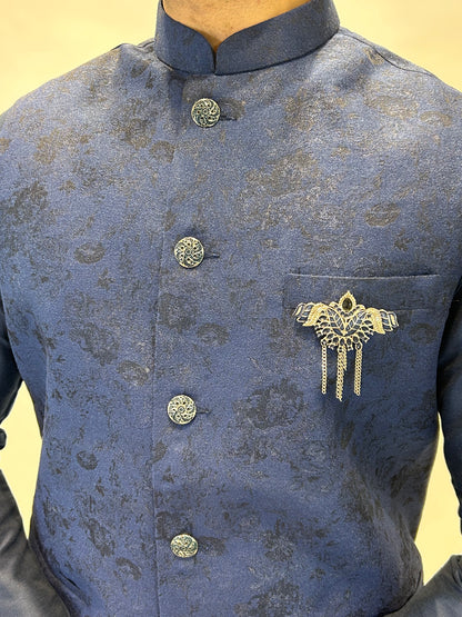 Navy Blue Textured Nehru Jacket