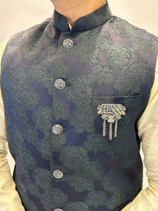 Navy Floral Jacquard Nehru Jacket