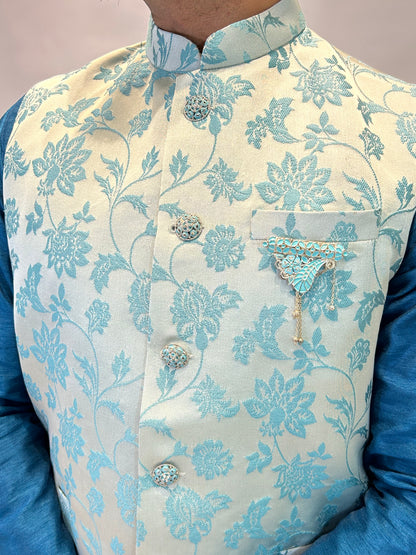 Light Grey and Sky Blue Floral Nehru Jacket