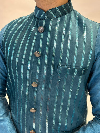 Teal Velvet Sequin Nehru Jacket