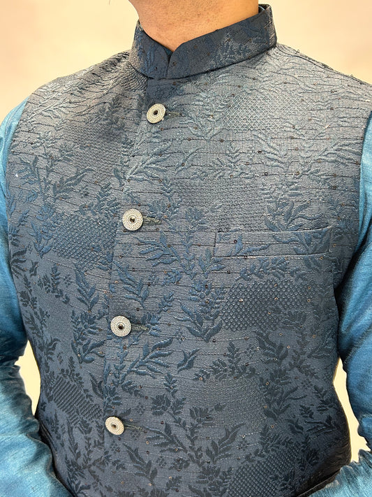 Dark Teal Patterned Nehru Jacket