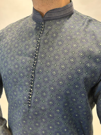 Navy & Green Patterned Kurta Set