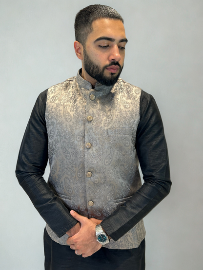 Grey Paisley Patterned Nehru Jacket