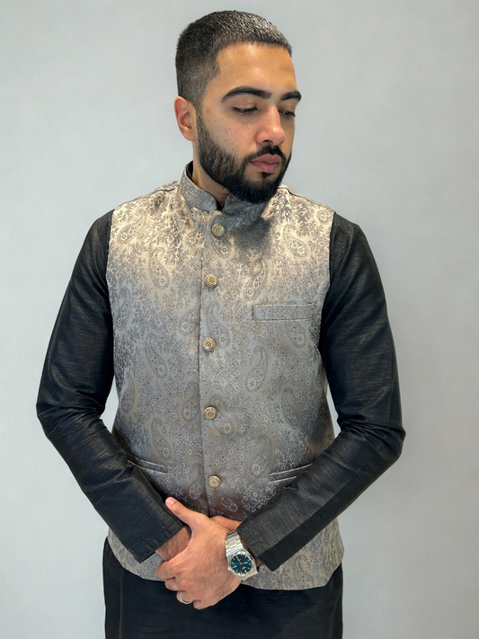 Grey Paisley Patterned Nehru Jacket