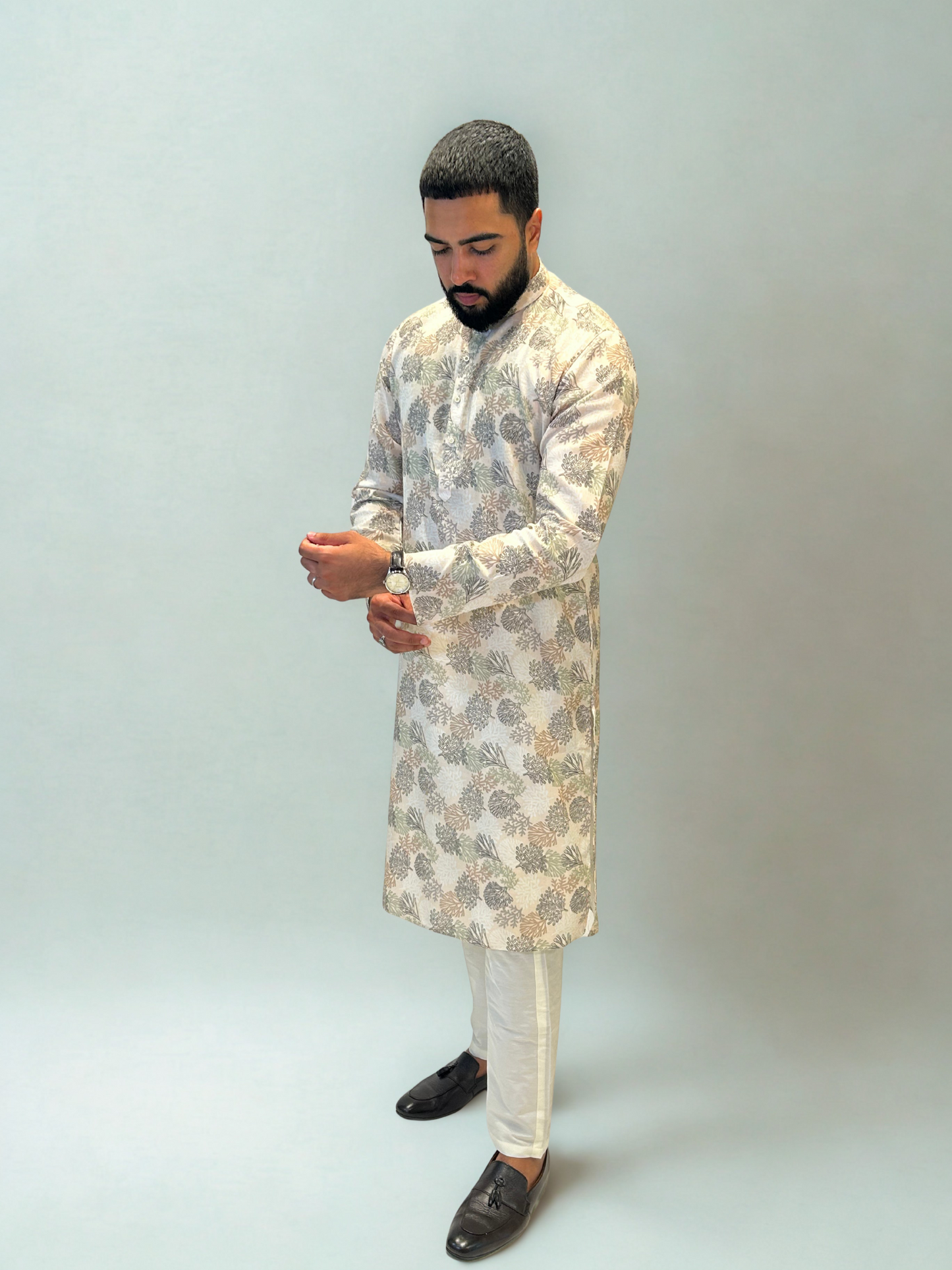 Ivory Pastel Printed Linen Kurta Set