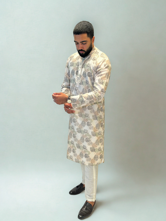 Ivory Pastel Printed Linen Kurta Set