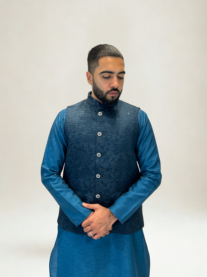 Dark Teal Patterned Nehru Jacket