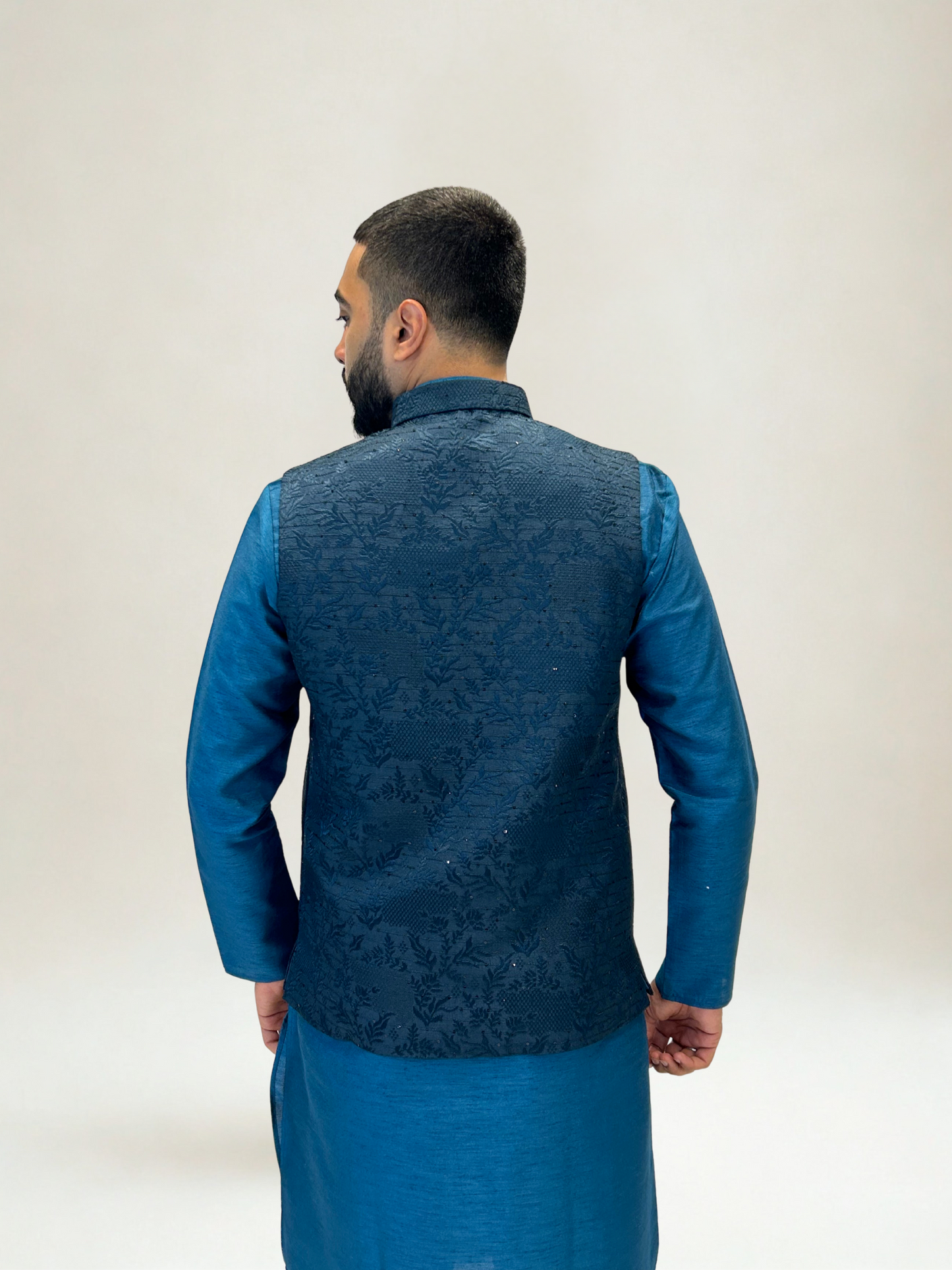 Dark Teal Patterned Nehru Jacket