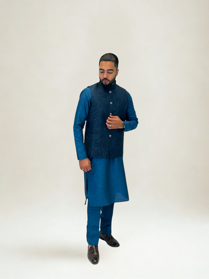 Dark Teal Patterned Nehru Jacket