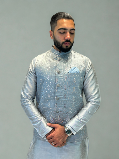 Silver Grey Embroidered Nehru Jacket