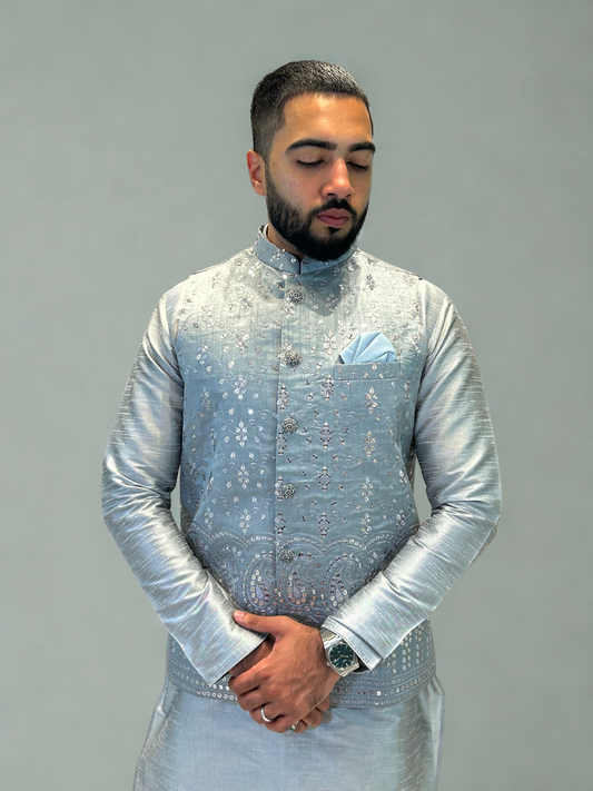 Silver Grey Embroidered Nehru Jacket