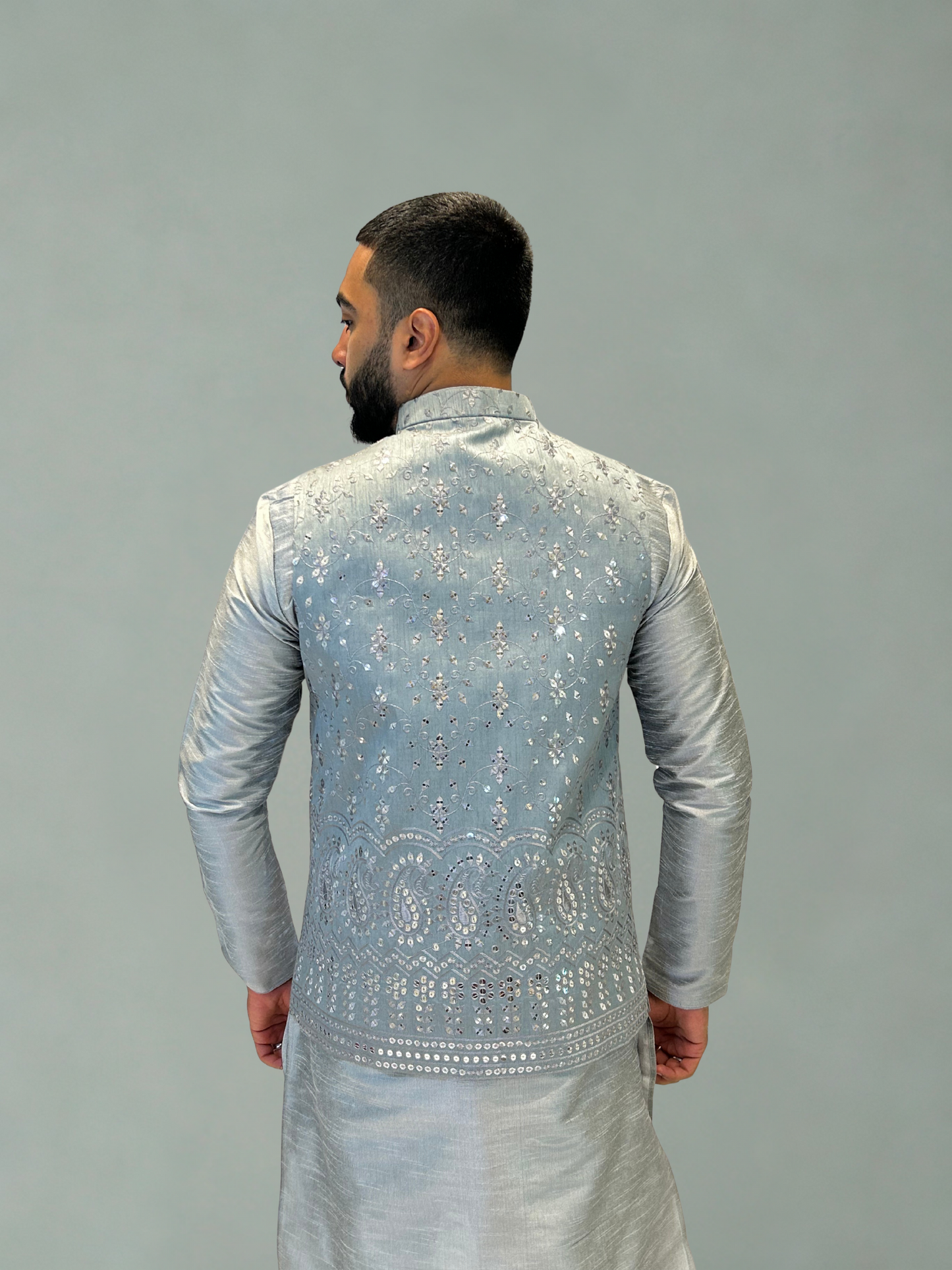 Silver Grey Embroidered Nehru Jacket
