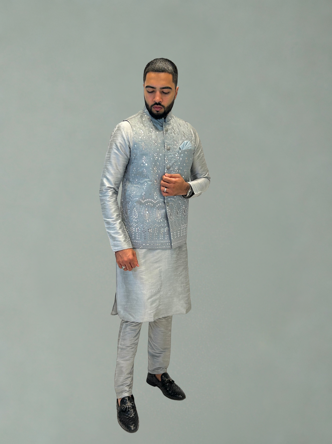 Silver Grey Embroidered Nehru Jacket