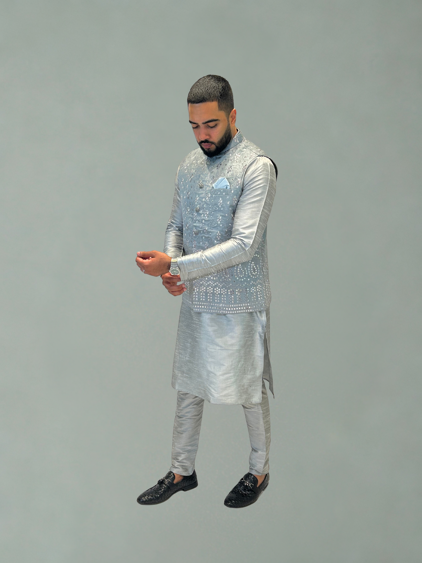 Silver Grey Embroidered Nehru Jacket